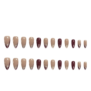 Long stiletto press-on nails with wine red French tips and silver glitter lines 24pcs
