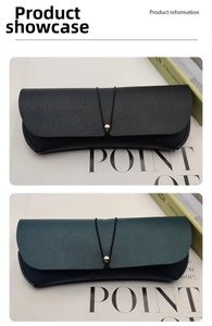 Detail of faux leather glasses case with pebble texture and elastic bead closure