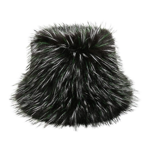 Detail of faux fox fur bucket hat featuring vibrant green and silver tipped black fluff