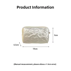 Quilted heart cosmetic bag dimensions showing 19cm length and 9cm height on white background