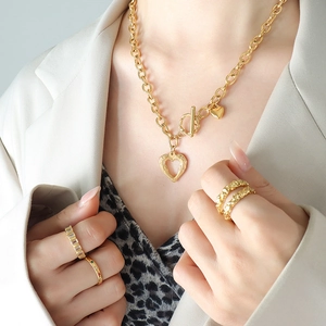 French style gold heart pendant necklace with OT toggle clasp and matching rings