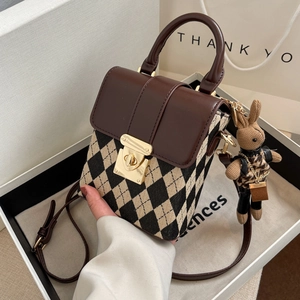 Vintage Rhombus Women Shoulder Crossbody Bag PU Leather Fabric Top Handle With Cartoon Pendant Gold Metal Lock