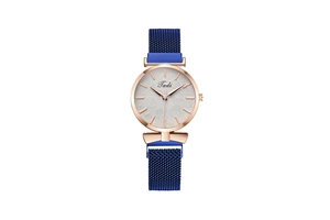 Detail of blue Milanese loop mesh strap and leaf pattern dial on rose gold quartz watch