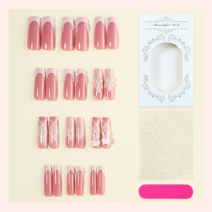 Kit d'ongles roses faits main avec perles, décorations fleurs 3D et embouts french