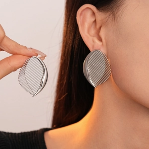 Minimalist silver metal textured fan earrings with elegant horizontal stripe patterns