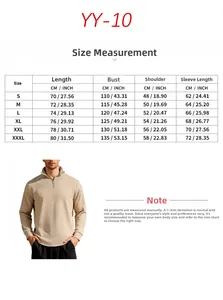 Detailed size chart for men's waffle quarter-zip pullover in centimeters and inches