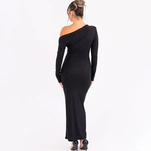 Rear view of sleek black one-shoulder dress with shimmery fabric and bodycon fit