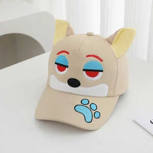 Detailed close-up of khaki puppy baseball cap featuring 3D ears and cute facial embroidery