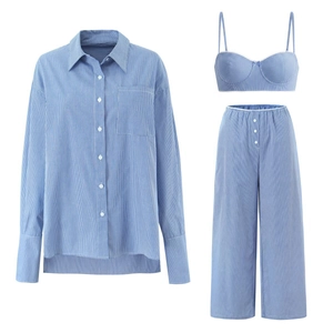 Blau-weiß gestreiftes 3-teiliges Damen-Set mit Hemd, Top und Hose mit weitem Bein