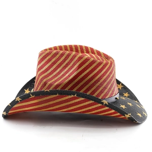 Detail of USA flag style straw cowboy hat featuring red stripes and yellow stars on brim
