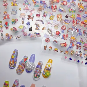 Detailed view of 5D embossed nail stickers featuring cute cartoon dogs and flower patterns