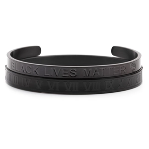 Matte black stainless steel bangle set with Black Lives Matter engraving and Roman numerals