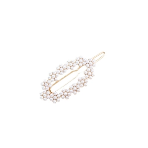 Golden hair clip with white pearls and rhinestones in heart leaf pattern for women