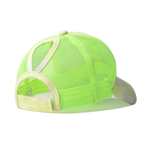 Detail of breathable neon mesh ponytail cap showing tie-dye trim and 100% cotton label