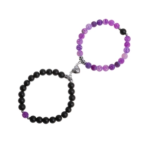 Magnetic couple bracelets with matte black and purple cracked beads and silver heart charm