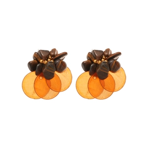 Retro round tiger eye stone stud earrings with layered orange shell drop charms