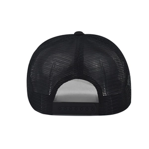 Detail view of black trucker hat with breathable mesh back and adjustable snapback closure