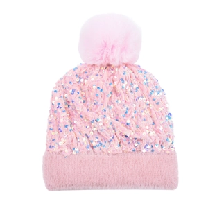 Close-up of pink knit beanie with sequins and a large detachable pom-pom detail