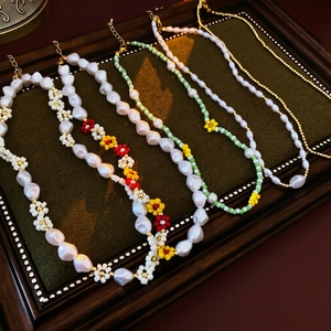 Handmade Flower Beaded Necklace Copper Real Gold Plated Imitation Artificial Pearl Rice Bead Elegant Jewelry For Women