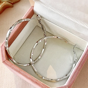 Detailed close-up of twisted silver hoop earrings displayed in a pink velvet jewelry box