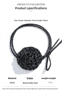 Detail of black polka dot chiffon rose choker with dimensions and fabric texture