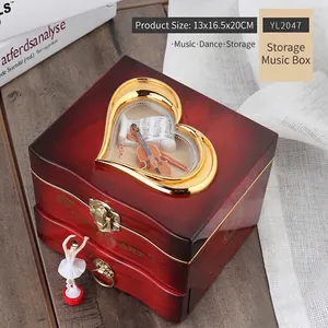 Detail of vintage wooden music box with heart window, cello decor, and ballerina
