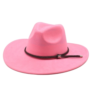 Close-up of pink suede wide brim fedora hat with brown braided rope and silver metal buckle