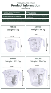 Detailed size chart for clear PS measuring cups with precise handle and spout dimensions