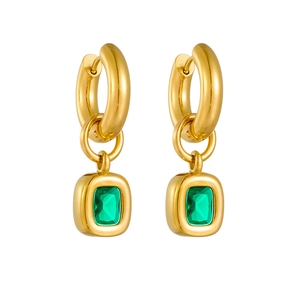 Elegant gold hoop earrings featuring square emerald green zircon pendants on white background