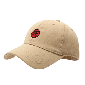 Khaki cotton baseball cap featuring red circular embroidery with a black Chinese character