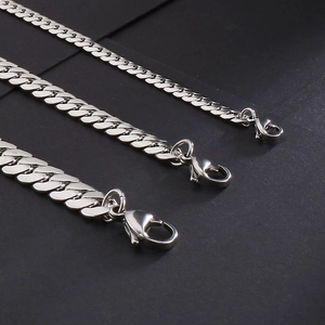 Detailed view of silver stainless steel Cuban link chains in three different widths