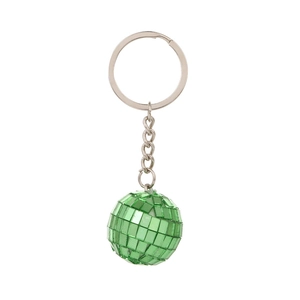 Detail shot of a green disco ball keychain with silver metal ring and faceted mirror finish