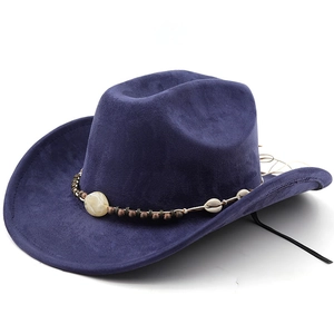 Close-up of navy suede cowboy hat with ethnic braided band, beads and shells