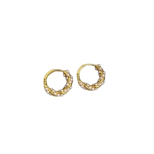 Elegant gold twisted hoop earrings with white pearls in a French vintage huggie style