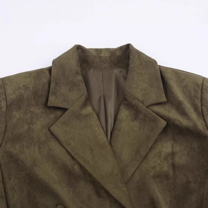 Army green suede jacket with double-breasted collar and premium texture finish