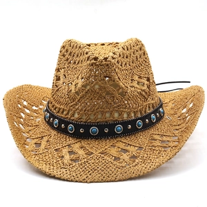 Handwoven straw cowboy hat with turquoise band and breathable hollow pattern design