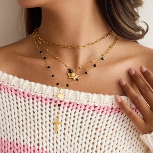 Collana con Pendente ad Angelo in Acciaio Inossidabile Vintage da Donna Placcata Oro Croce Pietra Naturale Gioielli