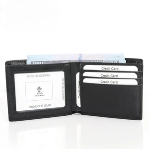 Slim black leather bifold wallet with RFID blocking technology and multiple card slots