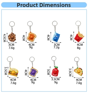 Size chart for food-shaped squishy keychains including burger, fries and toast charms