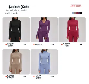 Détails des cinq coloris pour ensembles de yoga dont noir violet et rouge cerise