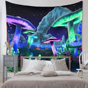 Detail of fantasy forest tapestry with neon mushrooms hanging in a modern bedroom