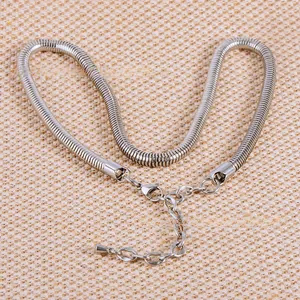 Detail of silver stainless steel snake chain showing the lobster clasp and extension