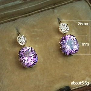 Elegant purple zircon geometric drop earrings in gold finish with size measurements