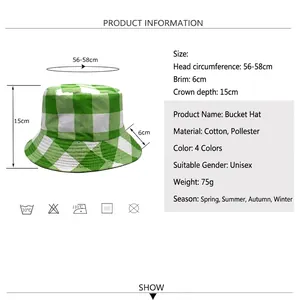 Green and white plaid bucket hat in cotton blend with product dimension measurements
