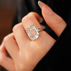 Close-up of 14k gold plated ring with square cubic zirconia and four-prong setting