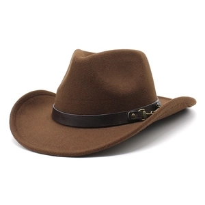 Detail view of brown wool felt cowboy hat with leather band and metal buckle