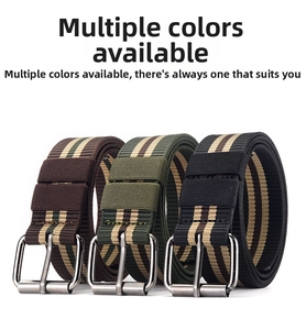 Close-up of canvas striped belts in brown, green and black with metal pin buckle