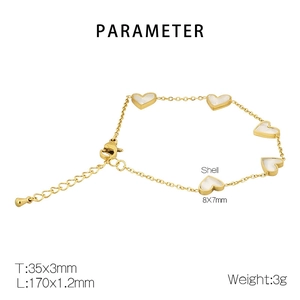 Detail of gold titanium steel heart bracelet with white shell charms and sizing info