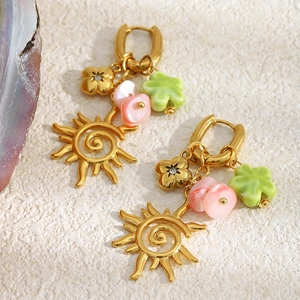 Bohemian sun tassel drop earrings in 18K gold plated steel with green and pink charms