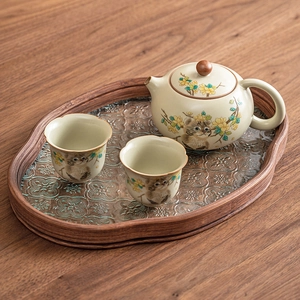 Ceramic Teapot Ru Kiln Hand Painted Cute Cat And Yellow Flower Xishi Tea Kettle With Wood Knob For Gongfu Tea